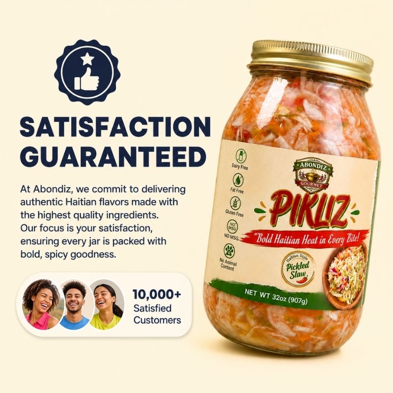 A jar of Abondiz Pikhiz Bold Haitian Heat in every Jar! pickled slaw, shown on a light beige background with promotional text and a thumbs-up satisfaction guarantee badge.